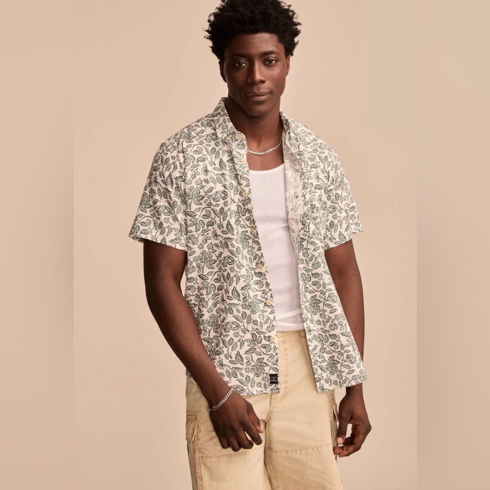 NEW Lucky Brand Mens XL Linen Rayon BlendTropical Leaf Button Shirt Front Pocket